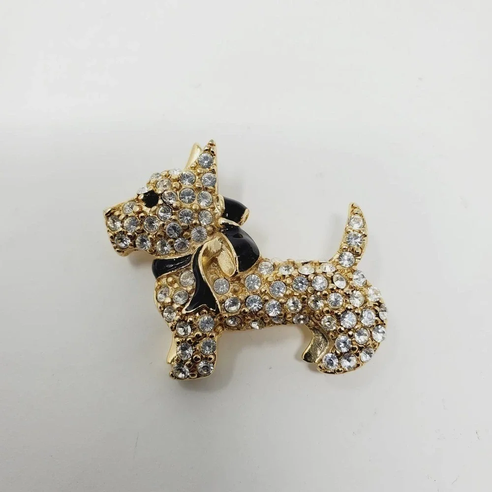 Monet Black Enamel Rhinestone Scottie Dog Terrier Figural Gold Tone Pin Brooch - Picture 2 of 7